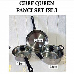Panci 3 in 1 Chef Queen 1 Set Alat Masak Tutup Kaca Cooking Pot Ekslusif – A342
